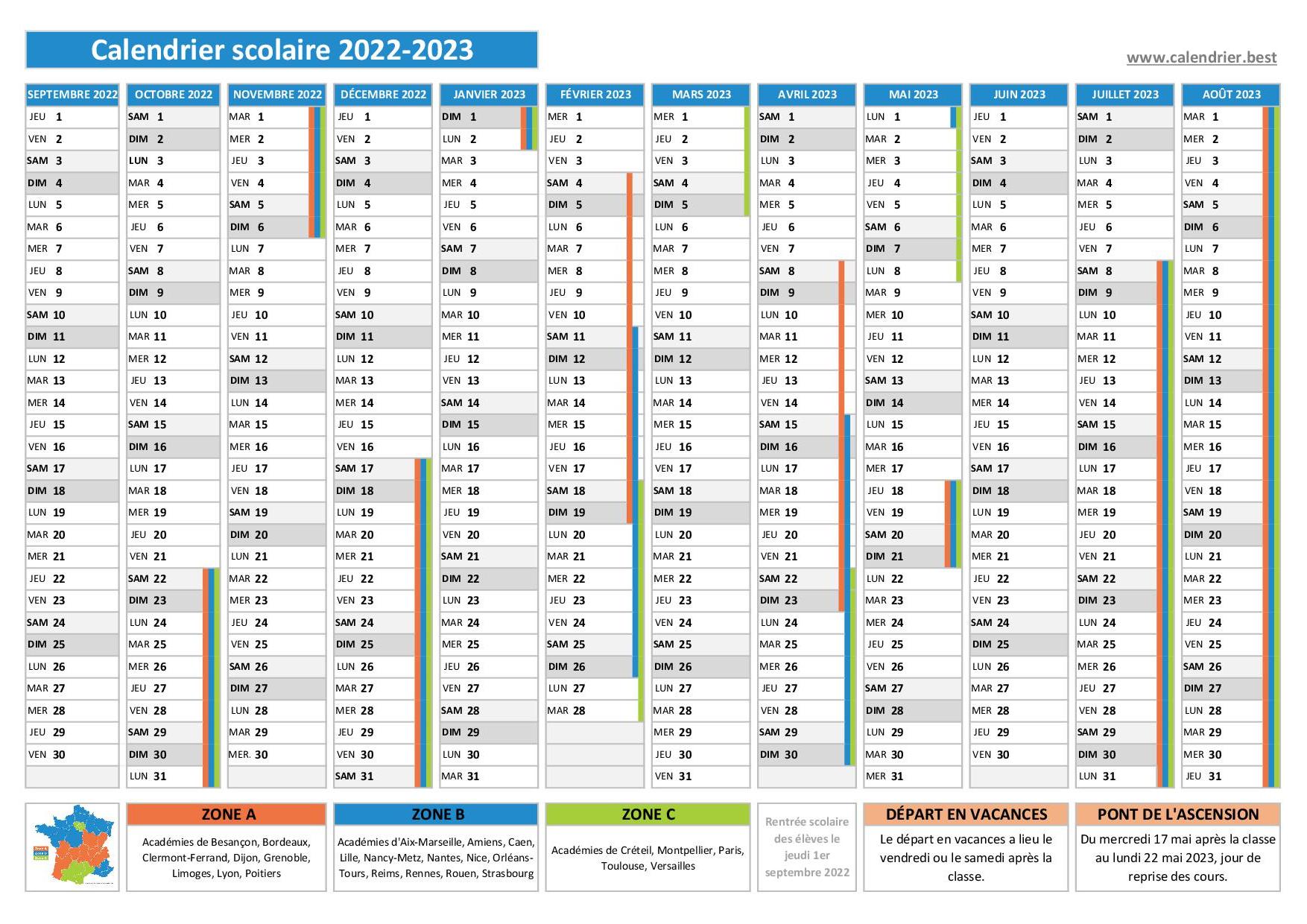 Vacances scolaires 2022-2023 ZONE A - Calendrier scolaire 2022-2023 de la  zone A à imprimer