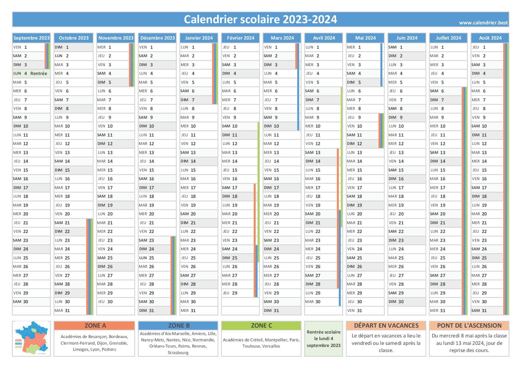 Vacances scolaires 2023 2024 ZONE B - Calendrier scolaire 2023-2024