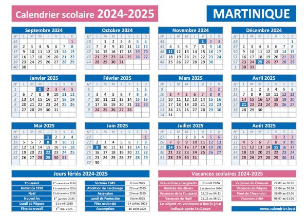 Calendrier scolaire 2024-2025 avec jours fériés pour la Martinique à télécharger en pdf et à imprimer. Martinique : Calendrier scolaire 2024-2025 avec les dates des vacances et des jours fériés